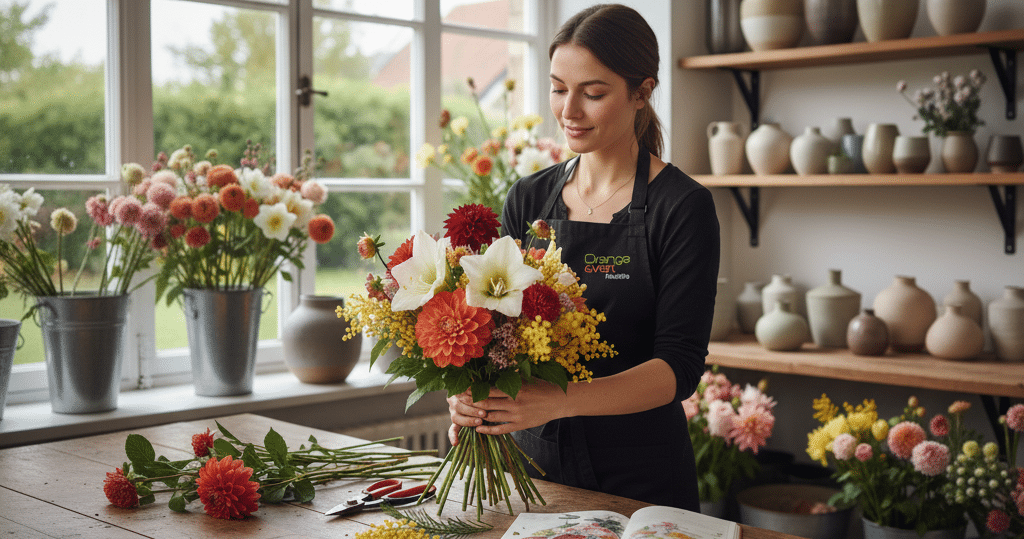 Fleuriste en tablier noir avec logo Orange et Vert, composant un bouquet, illustrant le métier de fleuriste artisanal.
