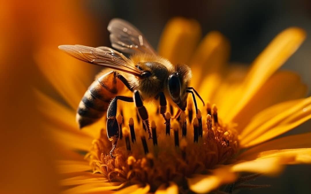 Gros plan d'une abeille sur une fleur mellifère jaune, récoltant nectar et pollen