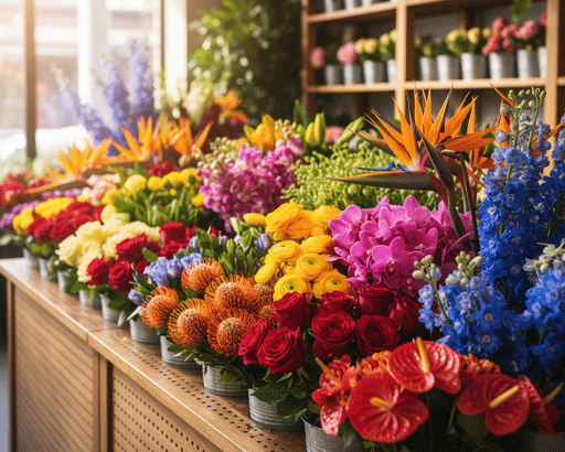 vue étal de votre fleuriste bouquet de fleurs fraîches en magasin, présentant de nombreuses variétés (roses, exotiques) avec les contenants dissimulés