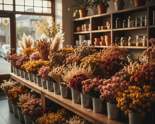 Photo d'un étal de fleurs séchées, herbes et graminées dans un décor de boutique chaleureux et texturé