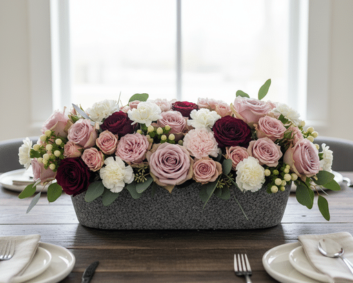 Composition florale piquée ovale en pierre, fleuriste arrangement classique table repas