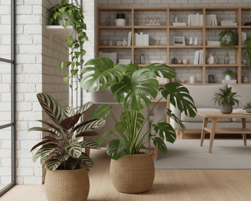 Composition de votre fleuriste plantes intérieur Orange et Vert : plantes vertes dépolluantes, Monstera et Calathea.