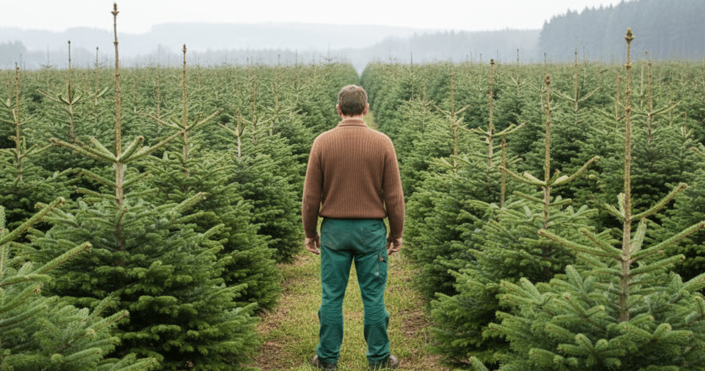 Vue de dos d'un producteur se tenant au milieu de rangées denses de jeune sapin naturel des Ardennes dans sa pépinière, sous un ciel couvert.